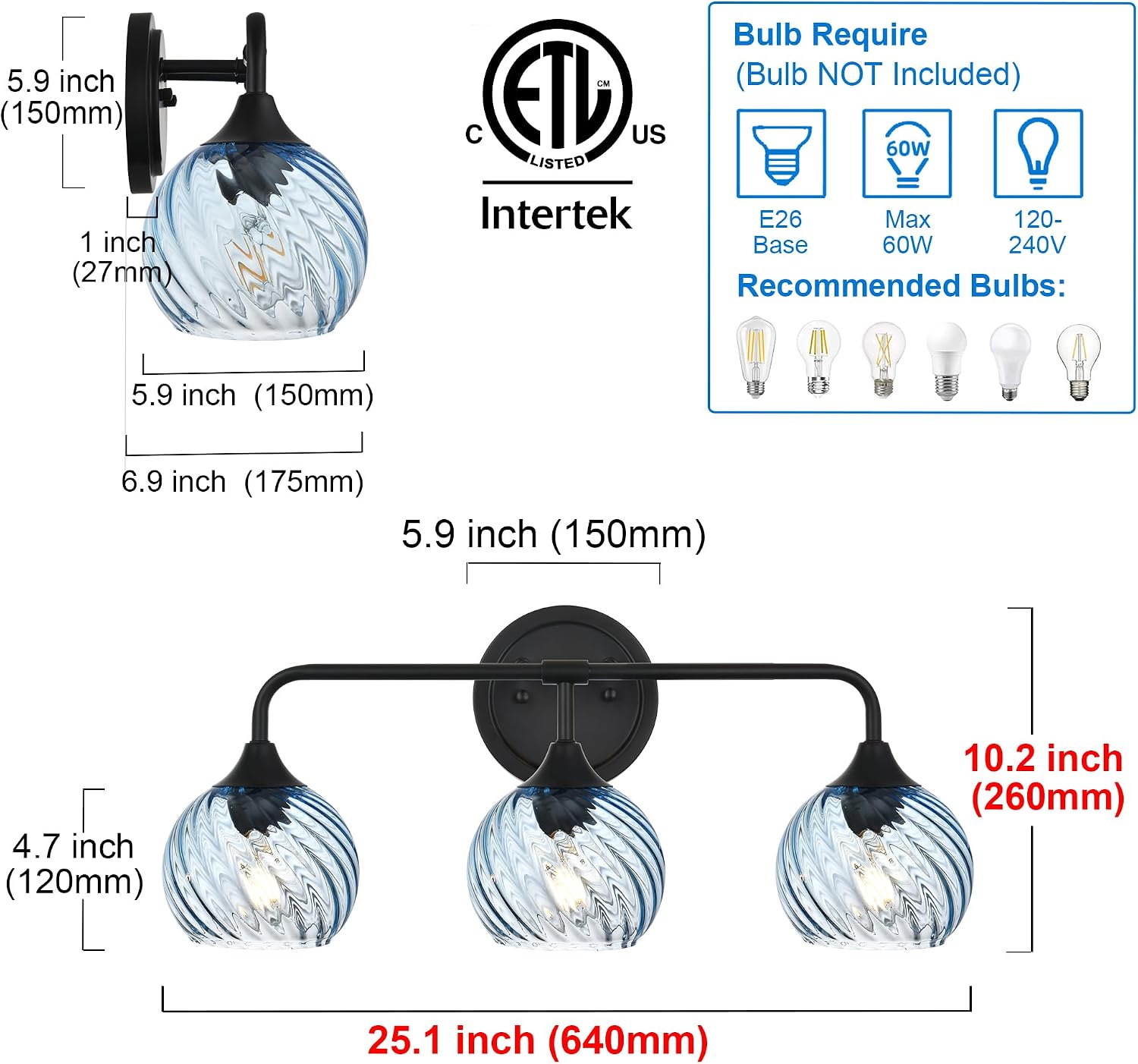 MELUCEE 25 Inch Bathroom Light Fixtures Black, 3-Light Vanity Lights with Blue Striped Swirl Glass Shade, Mid-Century Modern Bathroom Vanity Light Over Mirror