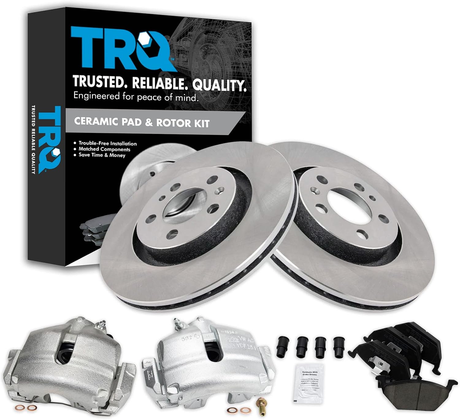 TRQ Front Brake Pad and Rotor Set Ceramic Vented Rotors Calipers Compatible with 2005 Volkswagen Jetta