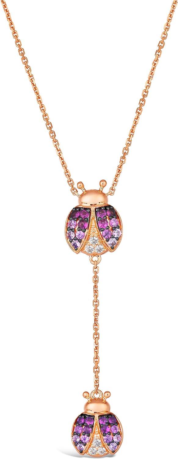 LE VIAN 3/4 Carat Ruby and Sapphire Ladybugs Pendant Necklace for Women In 14K Rose Gold 20 Inches Long With Lobster Claw Clasp