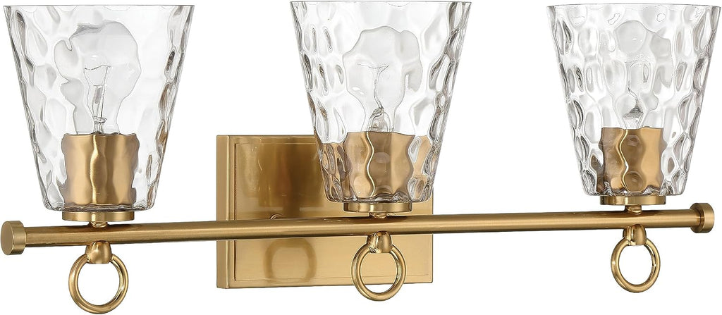 Imogen - Metal and Hammered Water Glass 3-Light Vanity Light, Brushed Gold