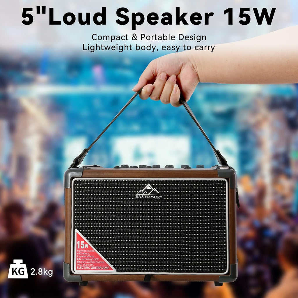 EASTROCK 15W Electric Guitar Amp, EGA-15W Portable Guitar Amplifier with Bluetooth, Built-in Looper & Drum Machine Speaker, AUX/OTG/Headphone, 8 Voices, FX Effects-Wood