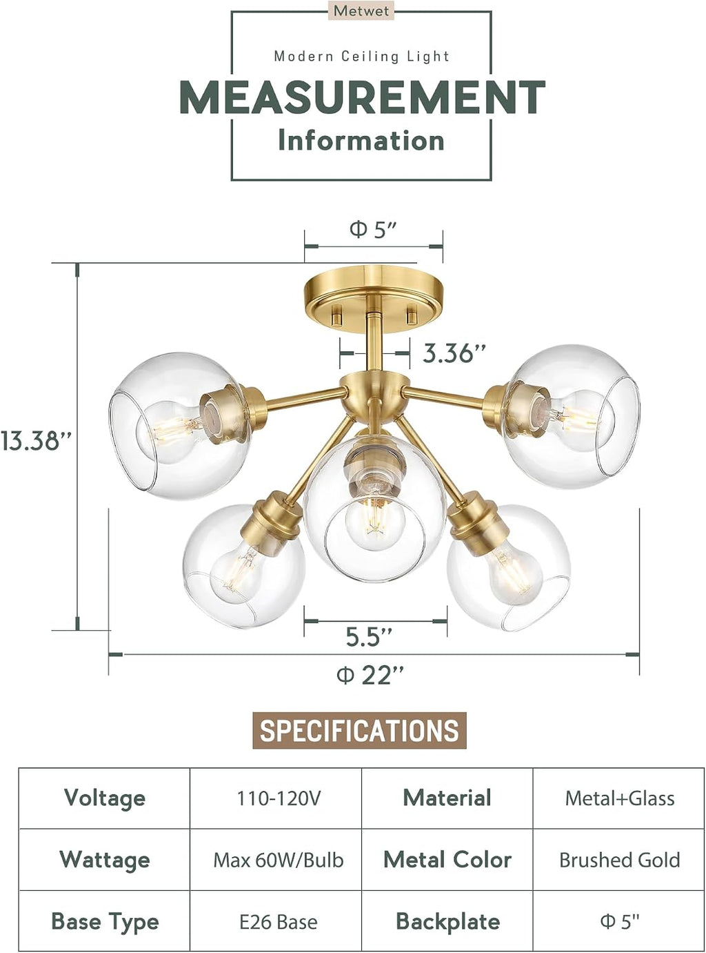 6-Light Semi Flush Mount Ceiling Light, 22' Modern Light Fixtures Ceiling Mount with Globe Clear Glass Shade, Brushed Gold Light Fixtures for Kitchen Entryway Bedroom, SM195-BG-6