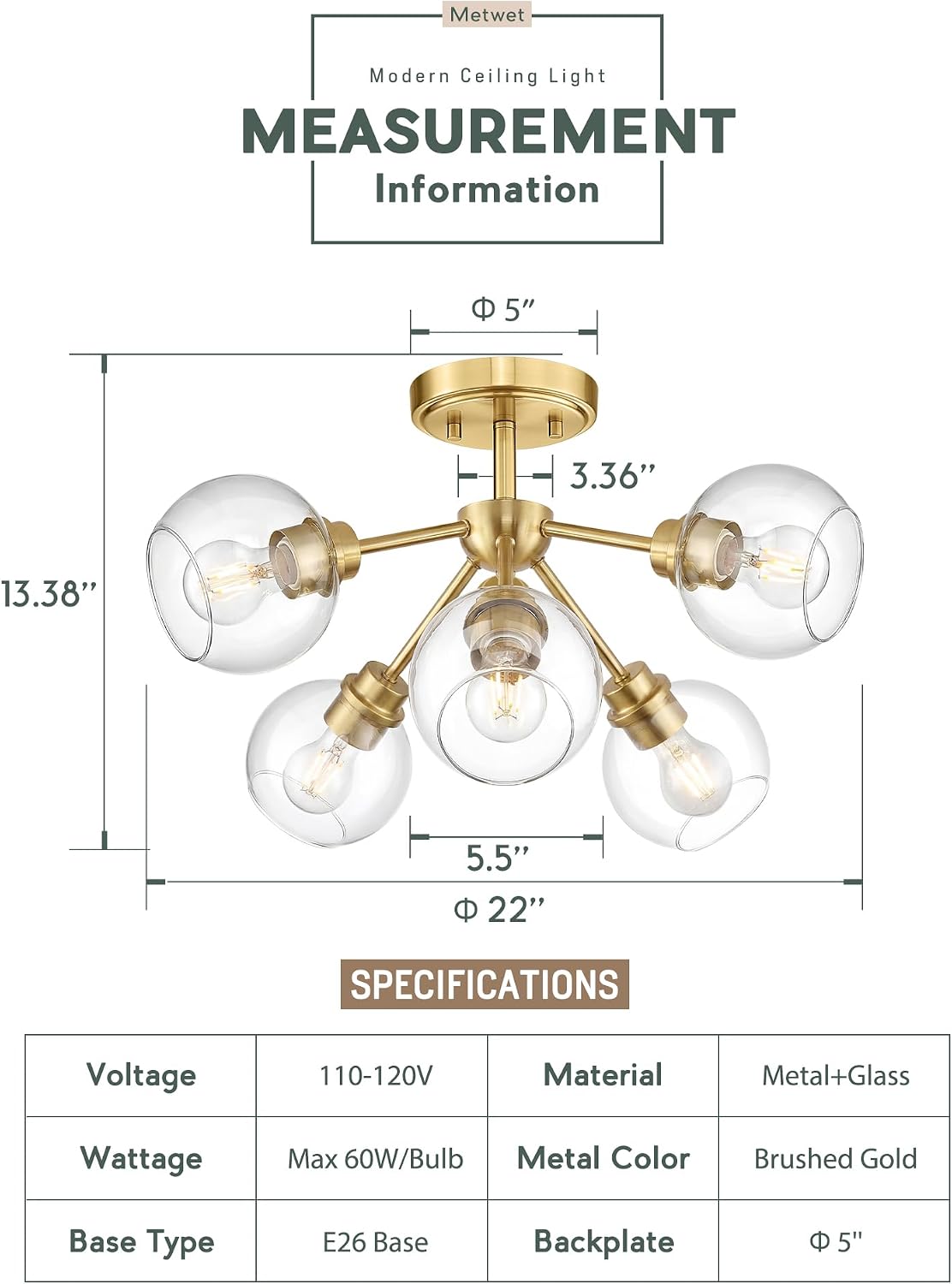 6-Light Semi Flush Mount Ceiling Light, 22' Modern Light Fixtures Ceiling Mount with Globe Clear Glass Shade, Brushed Gold Light Fixtures for Kitchen Entryway Bedroom, SM195-BG-6