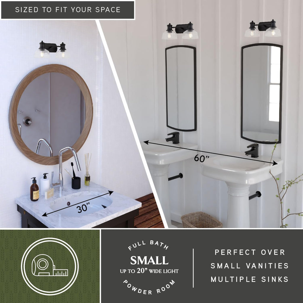 VAXCEL Beloit 2-Light 17 inch Wide Matte Black Farmhouse Bathroom Vanity Lighting Fixture, Clear Seeded Glass Shade, Dimmable, LED Compatible, Over the Mirror Mounted Metal Wall Sconce