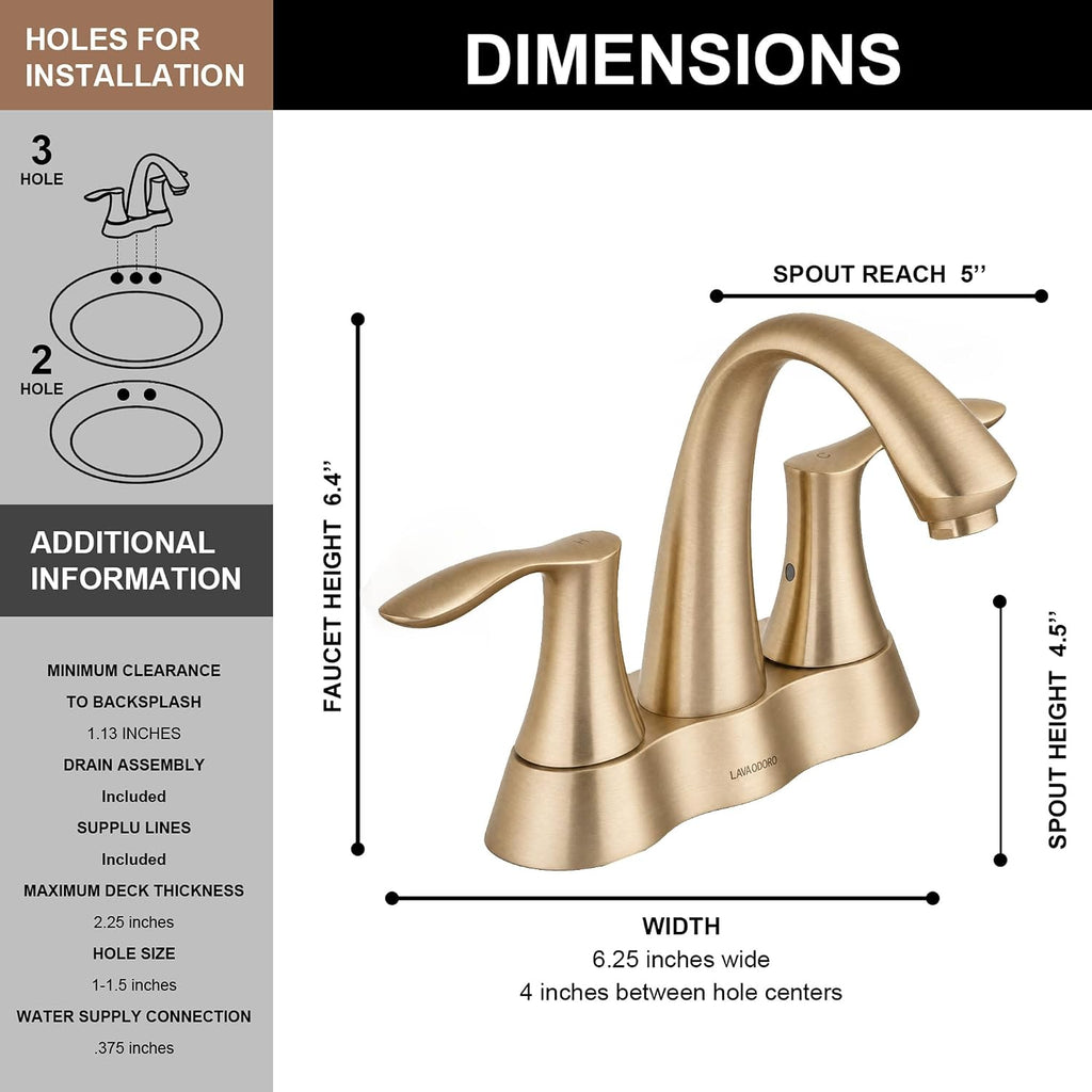 Lava Odoro Champagen Gold Bathroom Faucet 3 Hole, 2 Handle Bathroom Sink Faucet, 4 Inch Centerset Bathroom Faucet with Drain Assembly, BF423-CB