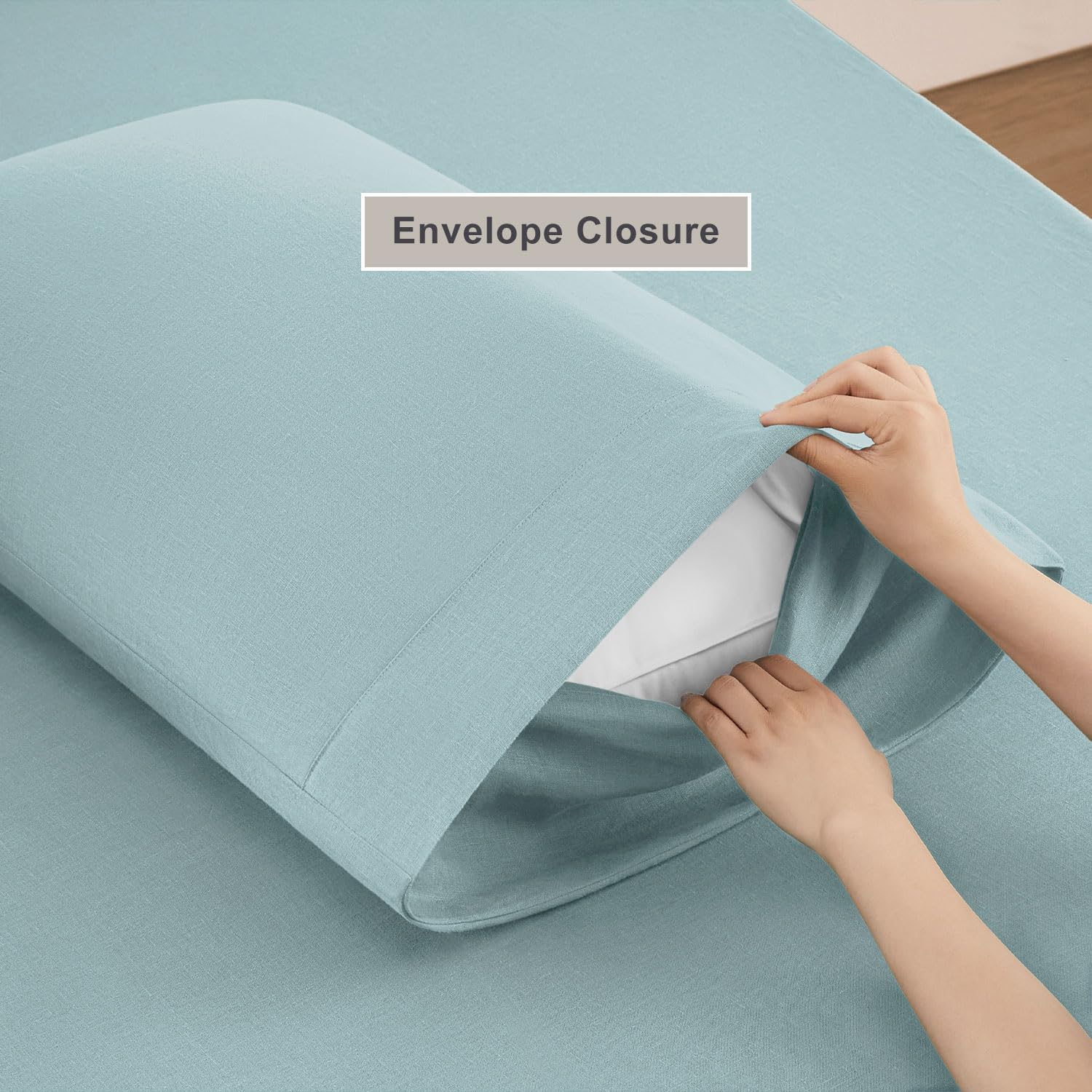 TOSMO 100% French Linen Sheets Set, Breathable and Durable Linen Flax Bedding 4 Pcs Set for Hot Sleepers - 1 Flat Sheet, 1 Fitted Sheet, 2 Pillowcases - (Aqua, Queen)