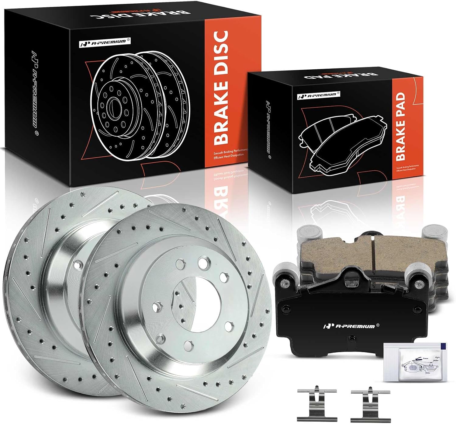 A-Premium 6-PC Set 12.98 inch (329.8mm) Rear Drilled and Slotted Disc Brake Rotors + Ceramic Pads Kit Compatible with Select Audi, Porsche and Volkswagen Models - for Touareg 2004-2010, Q7, Cayenne