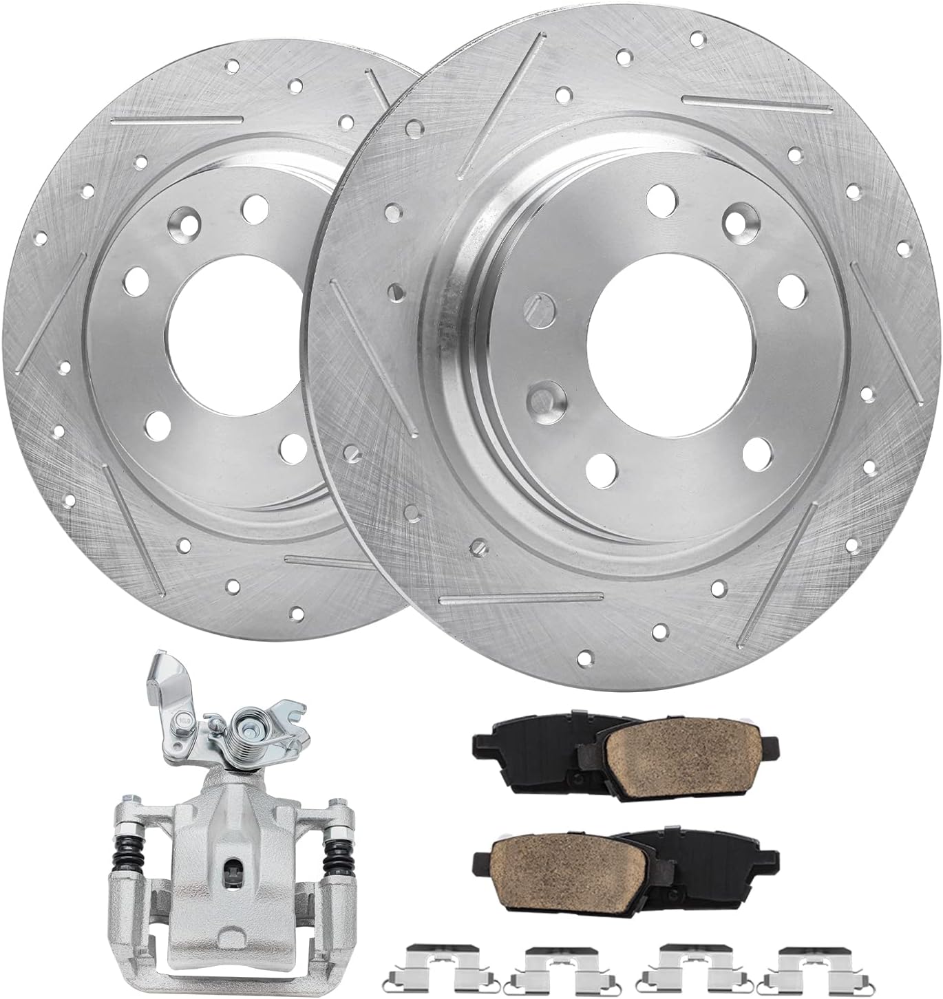 Detroit Axle - Rear Drilled Rotors Brake Pads Left Caliper Replacement for Ford Fusion Lincoln MKZ Zephyr Mazda 6 Mercury Milan - 5pc Set