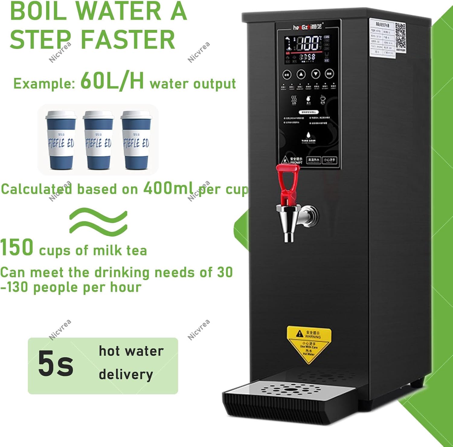 1000W Commercial Hot Water Dispenser Countertop, 25L(6.6Gal) /H Step-Heating Stainless Steel Water Boiler with Temperature Adjust for Boba Tea Office Restaurant Hotel Black