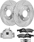 Detroit Axle - Front Drilled Rotors Ceramic Brake Pads Left Brake Caliper Replacement for 2001-2007 Dodge Grand Caravan Chrysler Town & Country - 5pc Set