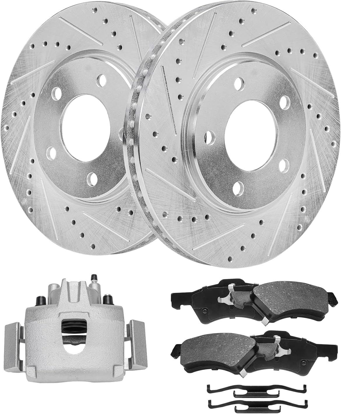 Detroit Axle - Front Drilled Rotors Ceramic Brake Pads Left Brake Caliper Replacement for 2001-2007 Dodge Grand Caravan Chrysler Town & Country - 5pc Set