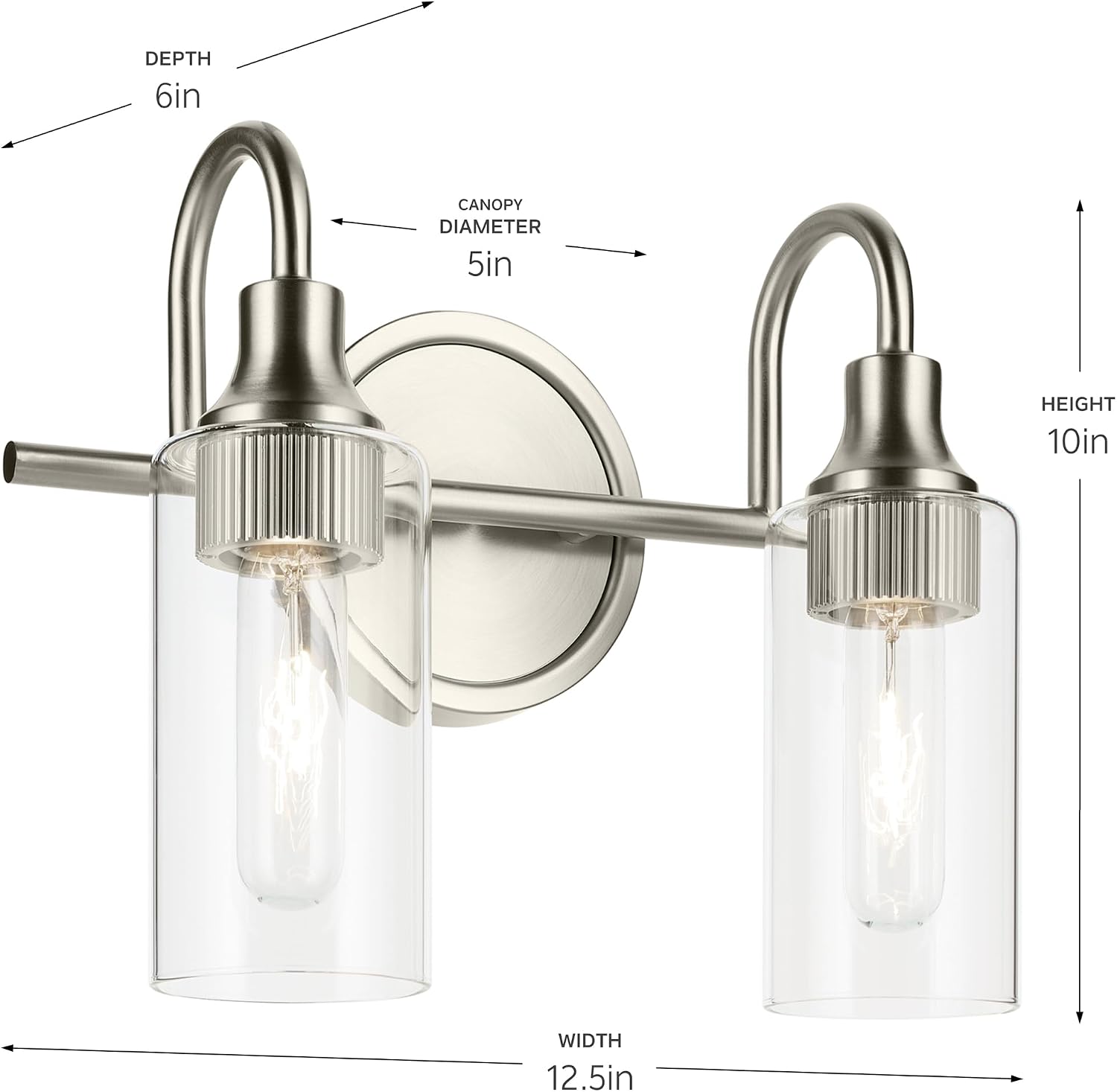 Kichler Kavi 12.5' 2-Light Bathroom Vanity Light Fixture with Clear Glass in Brushed Nickel, Modern Wall Mount Over Mirror for Powder Room (12.5' W x 10' H), 55210NI