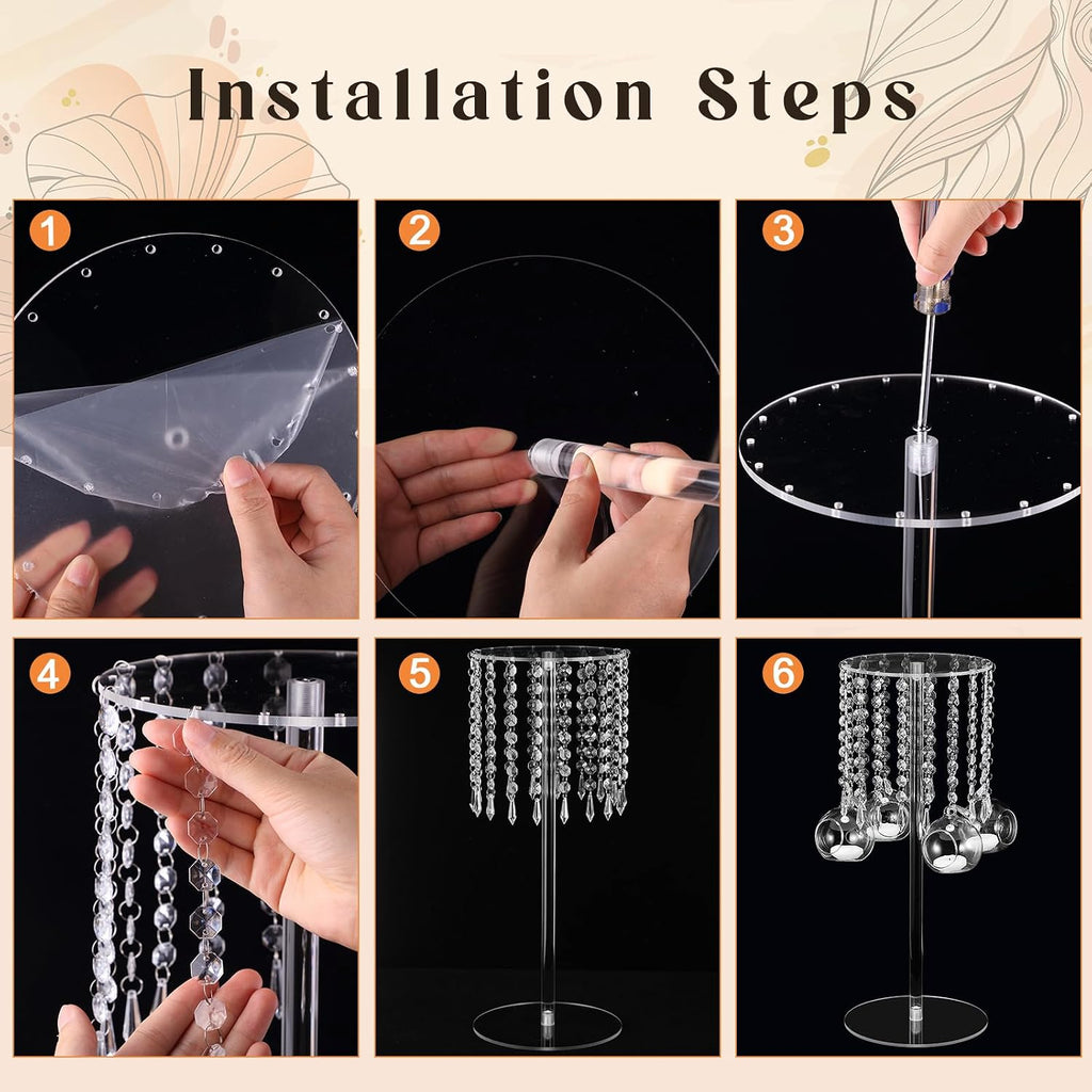Yerliker 6 Sets 19.69 Inch Acrylic Wedding Centerpiece Flower Stand with Hanging Glass Tealight Globe Candle Holders Crystal Tall Flowers Vase for Birthday Wedding Party Table Decoration
