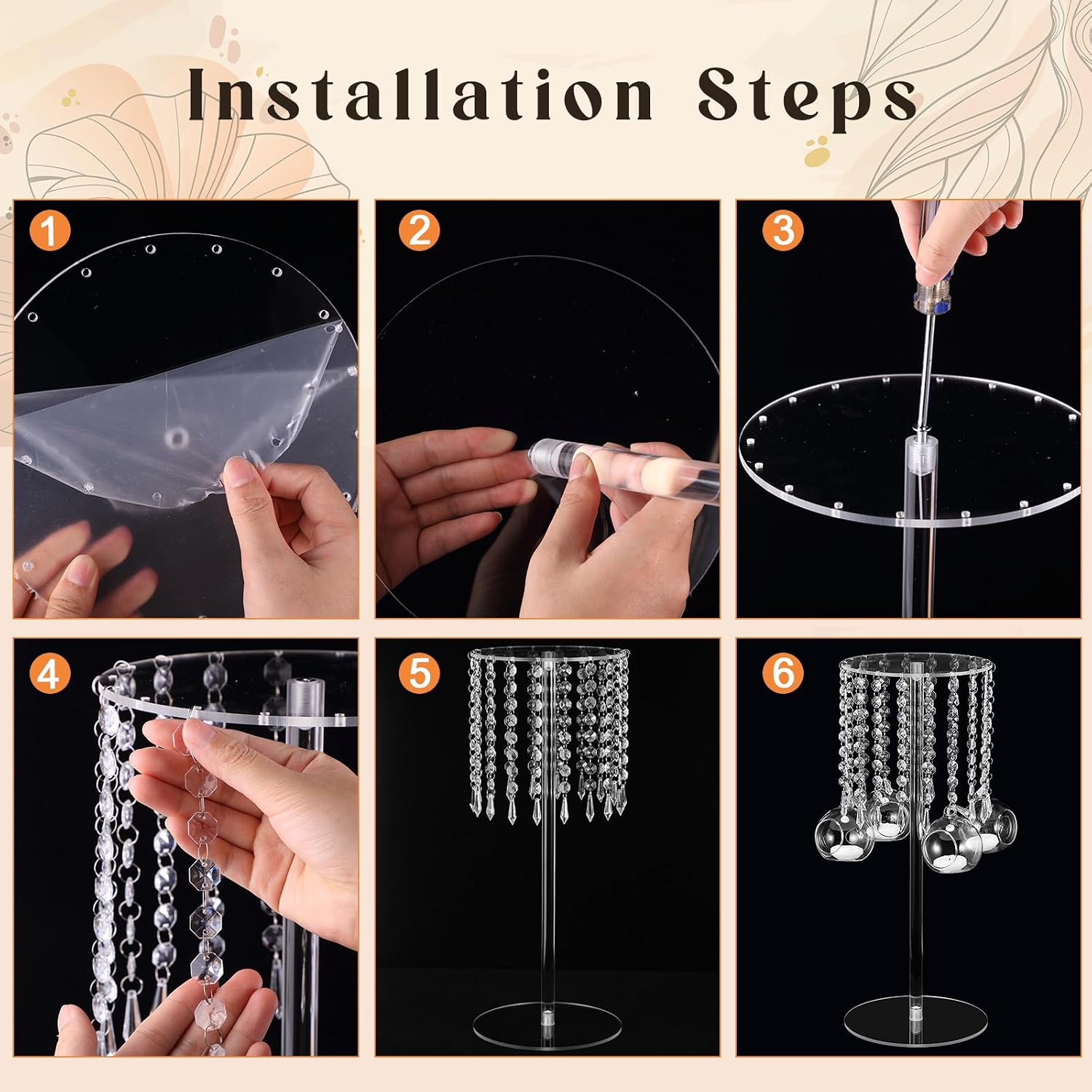 Yerliker 6 Sets 19.69 Inch Acrylic Wedding Centerpiece Flower Stand with Hanging Glass Tealight Globe Candle Holders Crystal Tall Flowers Vase for Birthday Wedding Party Table Decoration