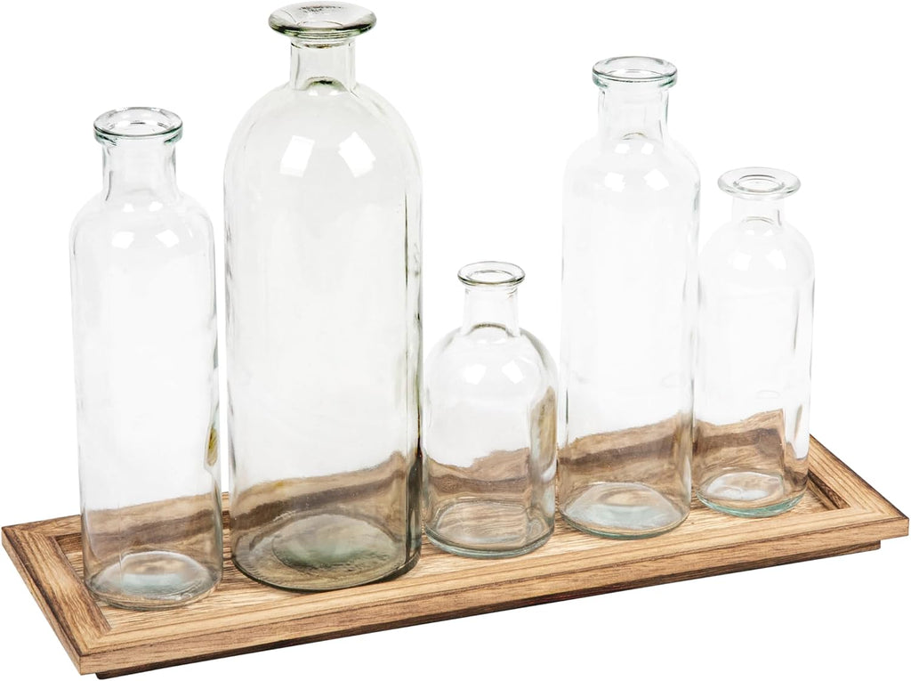 Creative Co-Op Set of 5 Vintage Bottle Vases on Wood Tray