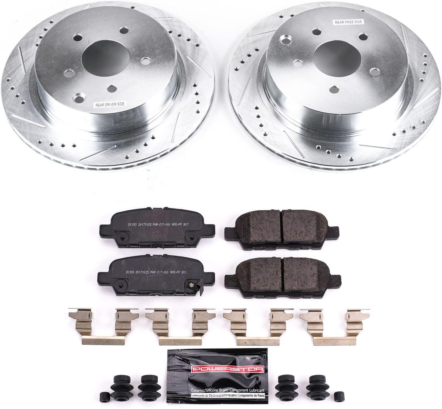 PowerStop Rear Brake Kit for Infiniti FX35 2010-12 |FX37 2013 |Q50 2014-24 |Q60 2017-22 |Q70 2014-19 - Drilled and Slotted Disc Rotors with Carbon-Fiber Ceramic Brake Pads Replacement, K8021