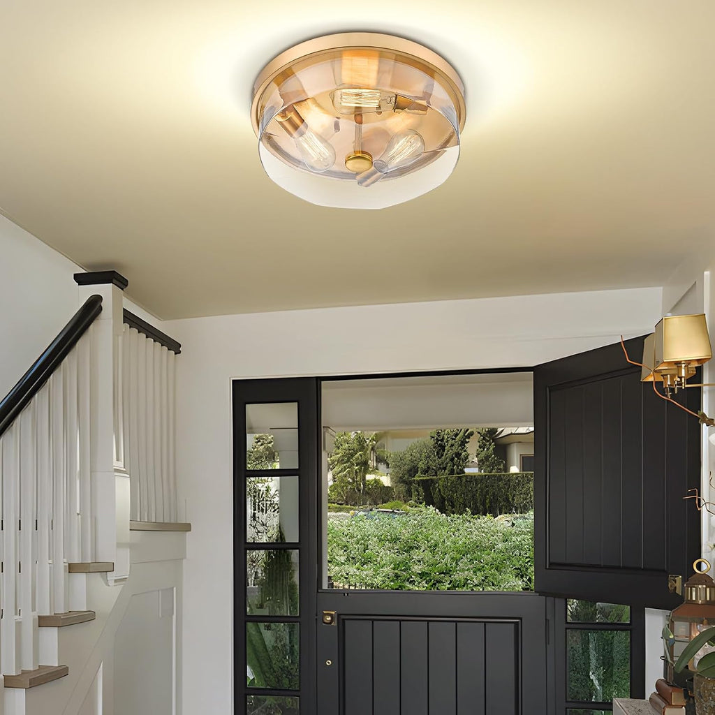 Gold Flush Mount Ceiling Light, 3-Light Hallway Light Fixtures, Modern Farmhouse Farmhouse Ceiling Light Clear Glass Brushed Gold Finish for Kitchen Porch Entryway