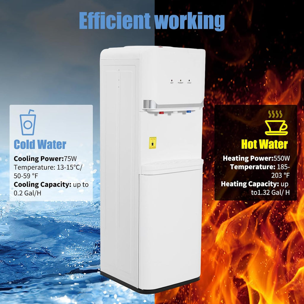 Top Loading Water Cooler Water Dispenser with Two-Tier Locker, Water Cooler Dispenser for 5 Gallon, Top Load Hot & Cold & Warm Water Dispenser (White)