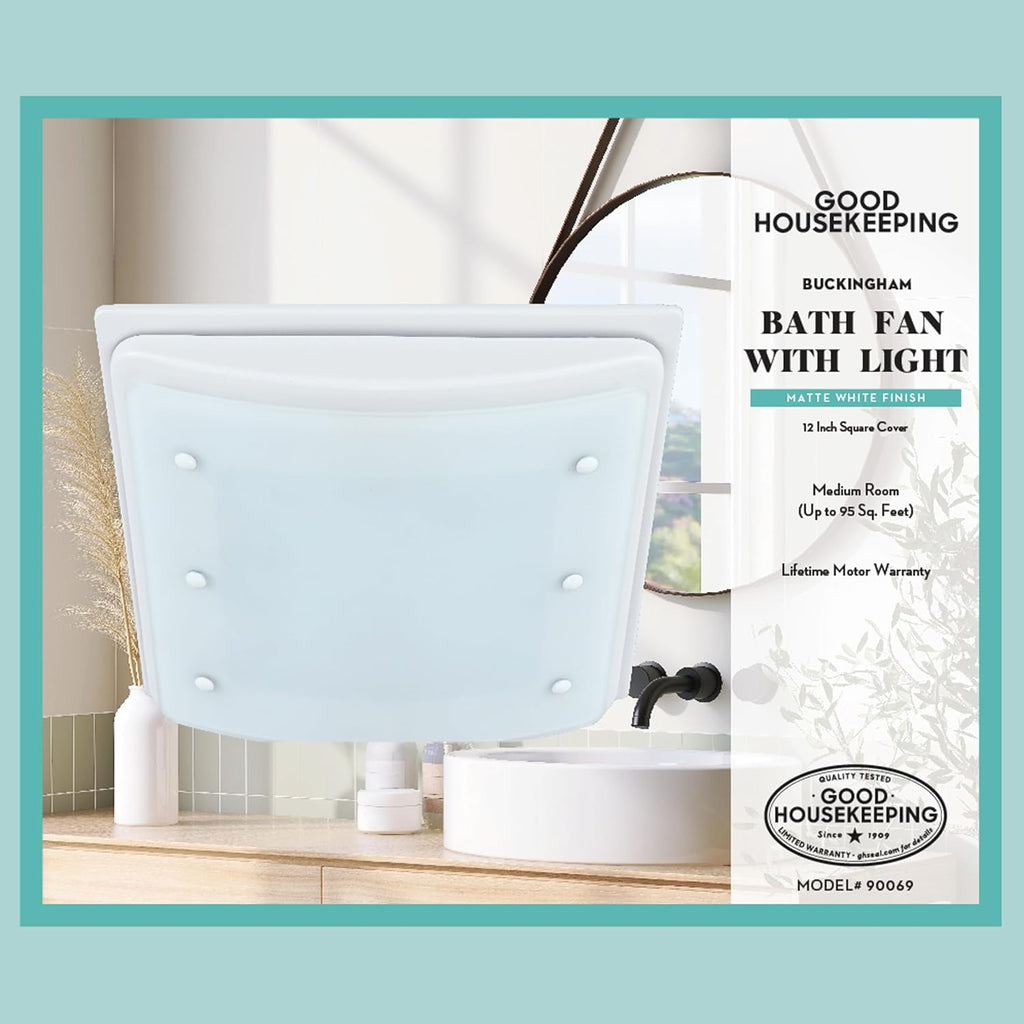 Good Housekeeping (90069) Buckingham 100 CFM 2.0 Sones Decorative Bathroom Ventilation Exhaust Fan with Light & Night-Light in Matte White