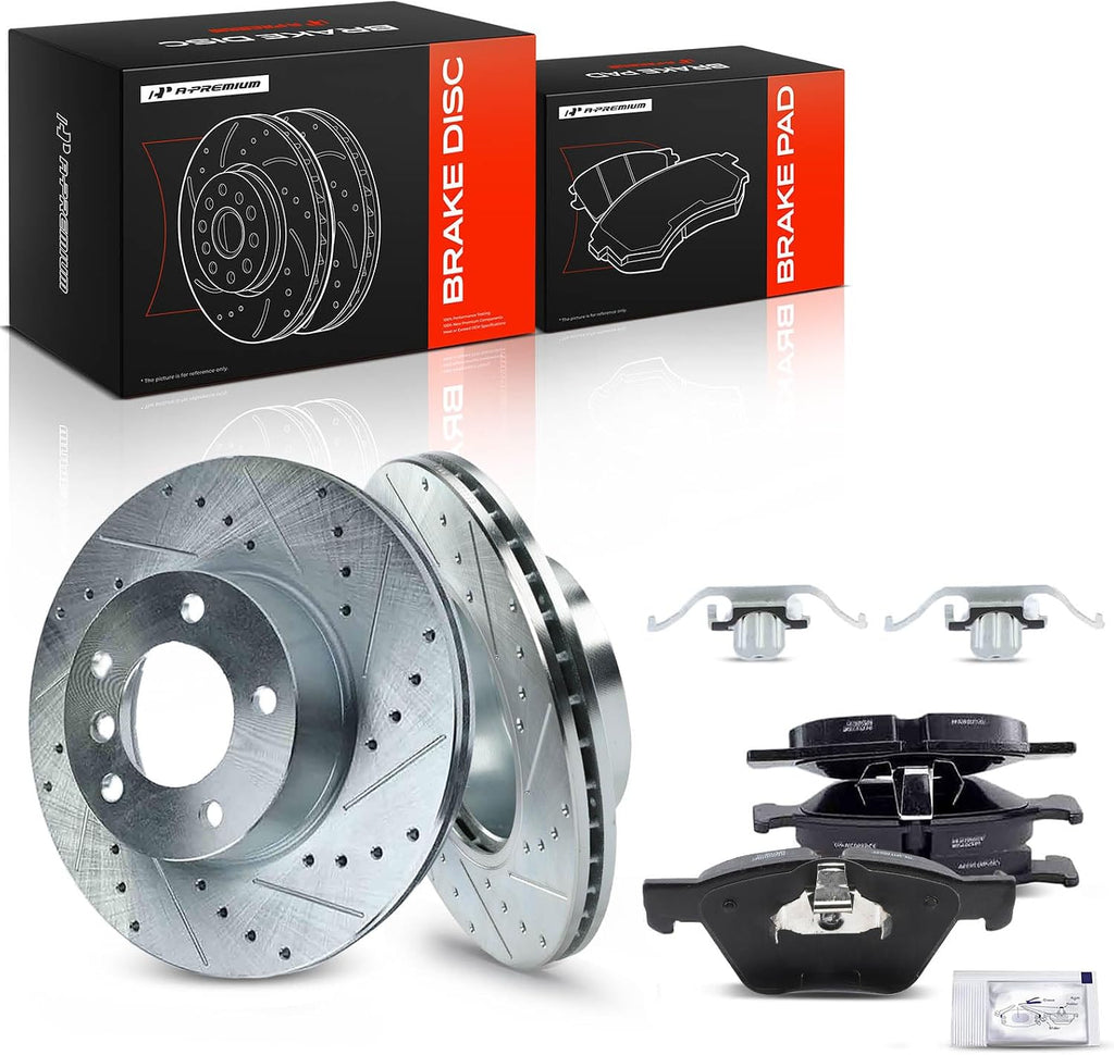 A-Premium 11.81 inch (299.8mm) Front Drilled and Slotted Disc Brake Rotors + Ceramic Pads Kit Compatible with Select BMW Models - 325i/325xi 2006, 328i 2007-2008, 328xi 2007, 128i 2008-2013, 6-PC Set