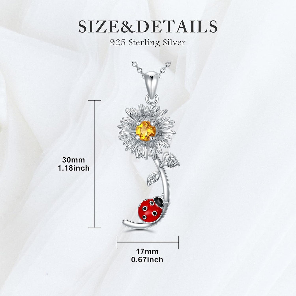 Daisy Ladybug Necklace 925 Sterling Silver Natural Citrine Daisy Flower Red Ladybug Pendant Jewelry Gifts for Women