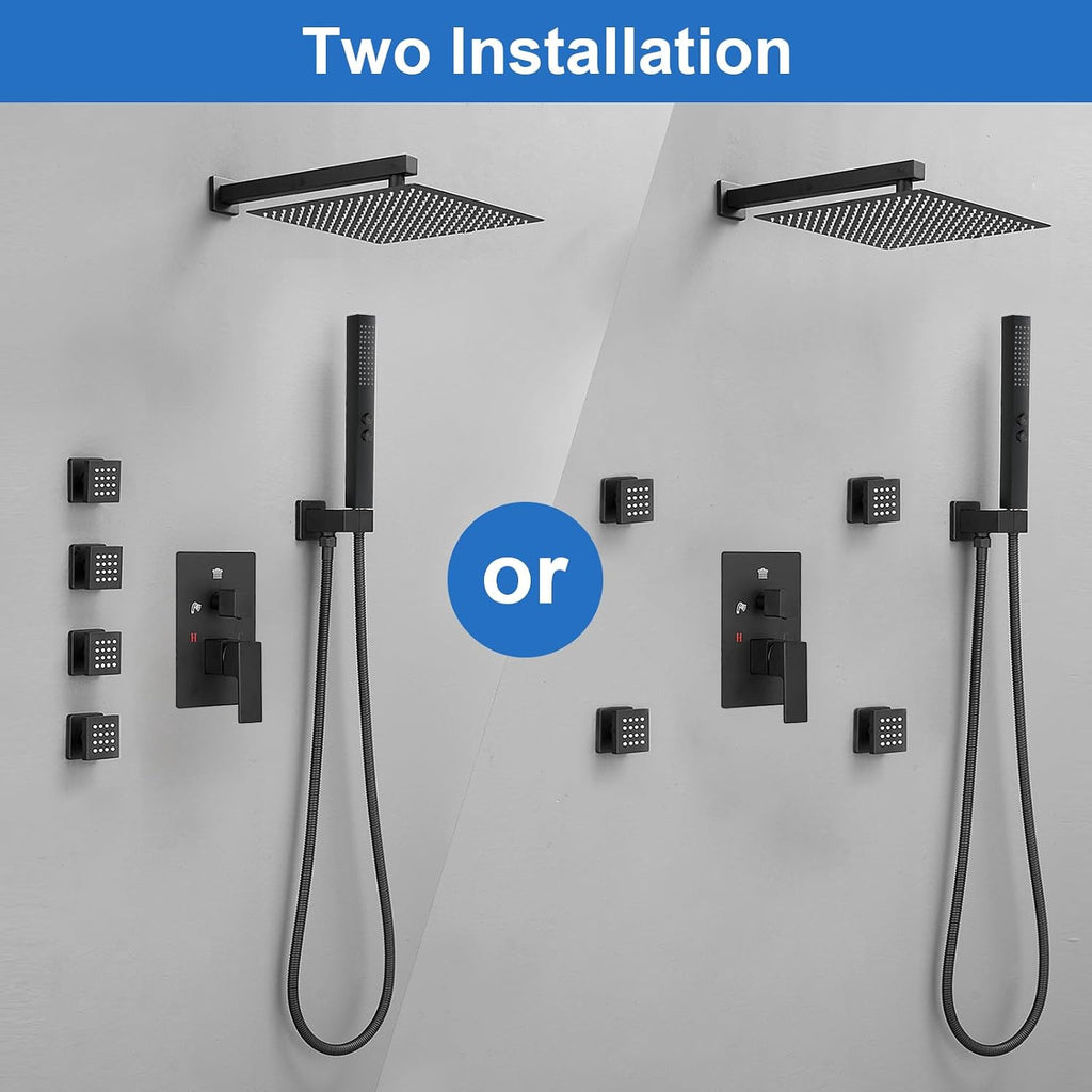 RUMOSE Rainfall Shower System with 4 Full Body Jet 4 Mode Shower Faucet Set with 12 Inch Rain Shower Head and 2 in 1 Handheld Spray, Matte Black Brass Shower Jet Shower Fixtures, Wall Mounted