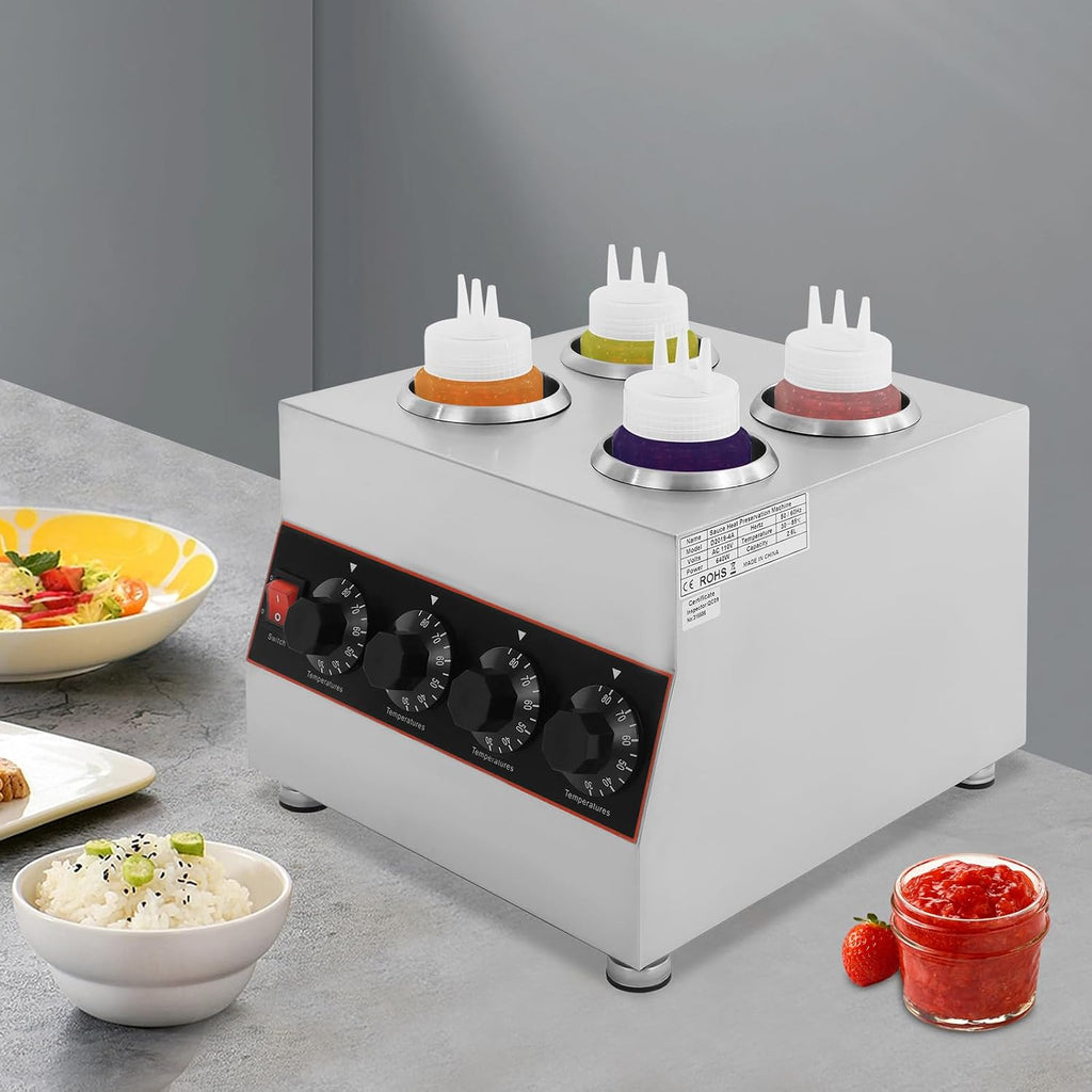 Electric Sauce Warmer Dispenser, 4 Grids Countertop Stainless Steel Sauce Heat Preservation Machine Hot Fudge Bottle Warmer Nacho Cheese Warmer Dispenser 86-185 ℉ 640W