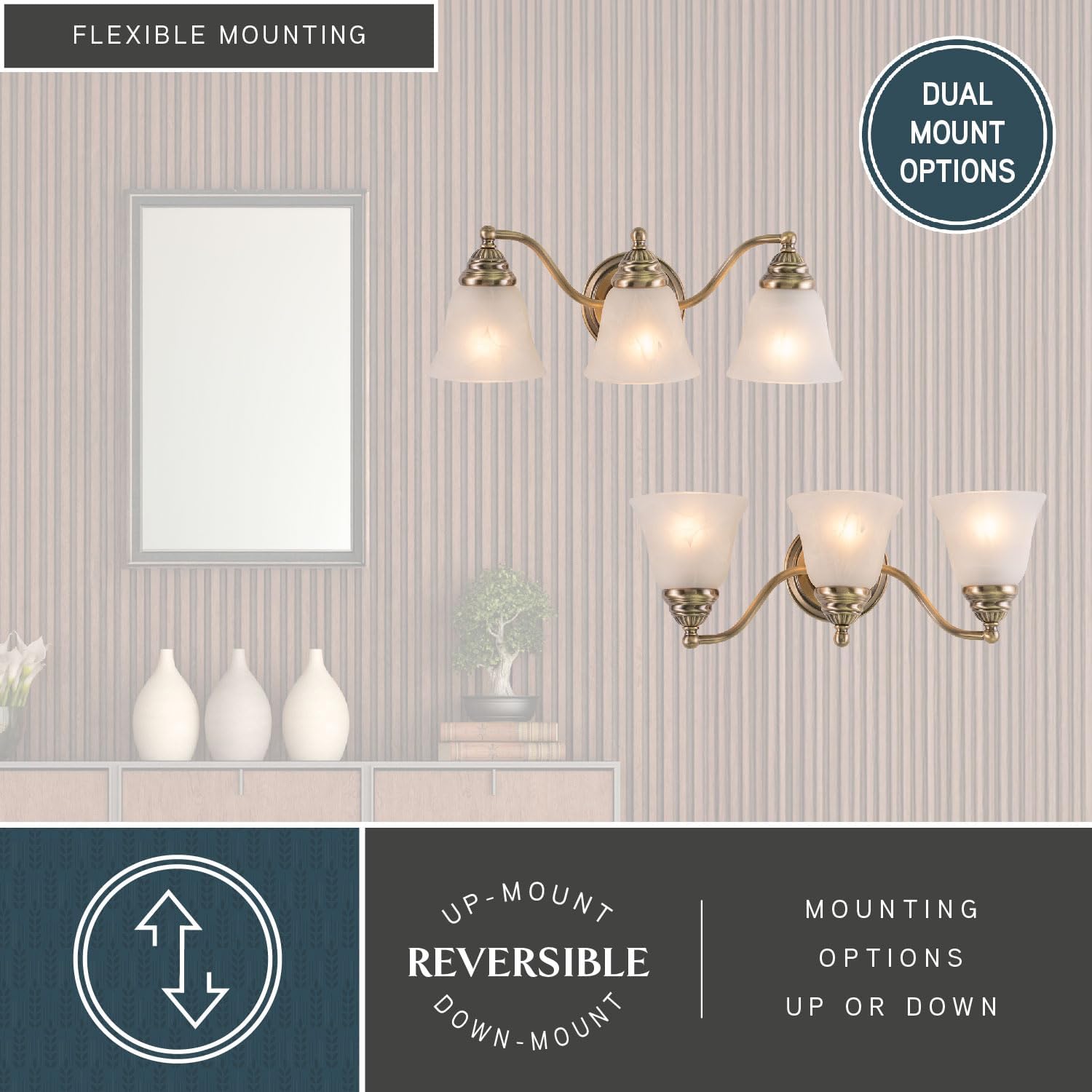 VAXCEL Standford 3-Light 19 inch Wide Antique Brass Gold Traditional Bathroom Vanity Lighting Fixture, White Alabaster Glass Shade, Dimmable, LED Compatible, Over the Mirror Mounted Steel Wall Sconce