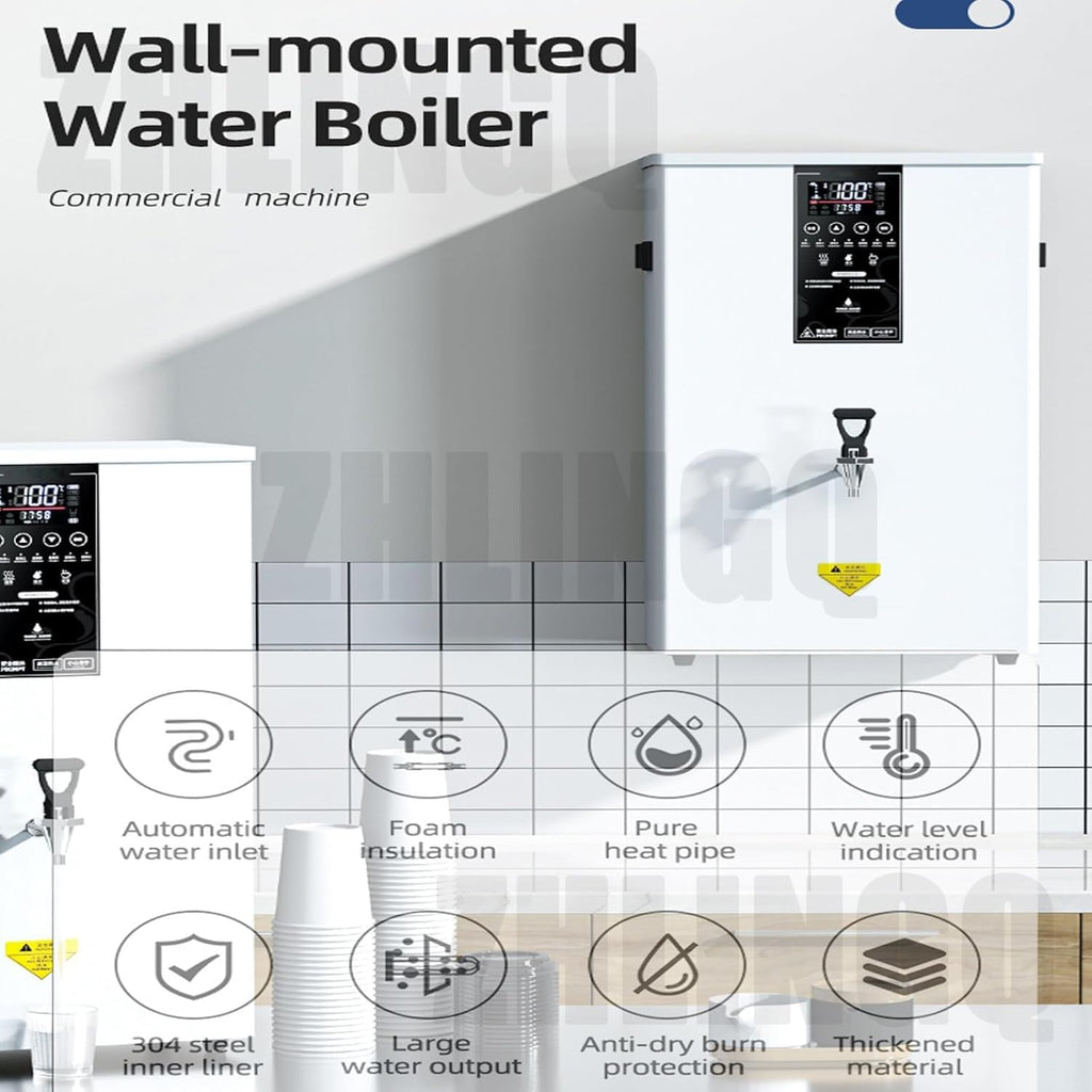 Instant Hot Water Dispensers 3000W Automatic Commercial Hot Water Pot with Filter LCD Display Wall-Mounted Water Boiler Hot Water Tank with Spout for Coffee Home Kitchen Office,50L-White
