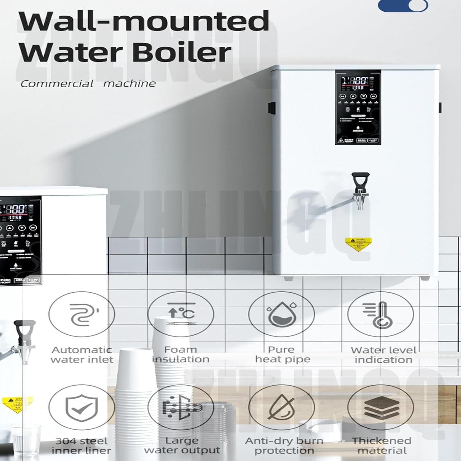 Instant Hot Water Dispensers 3000W Automatic Commercial Hot Water Pot with Filter LCD Display Wall-Mounted Water Boiler Hot Water Tank with Spout for Coffee Home Kitchen Office,50L-White