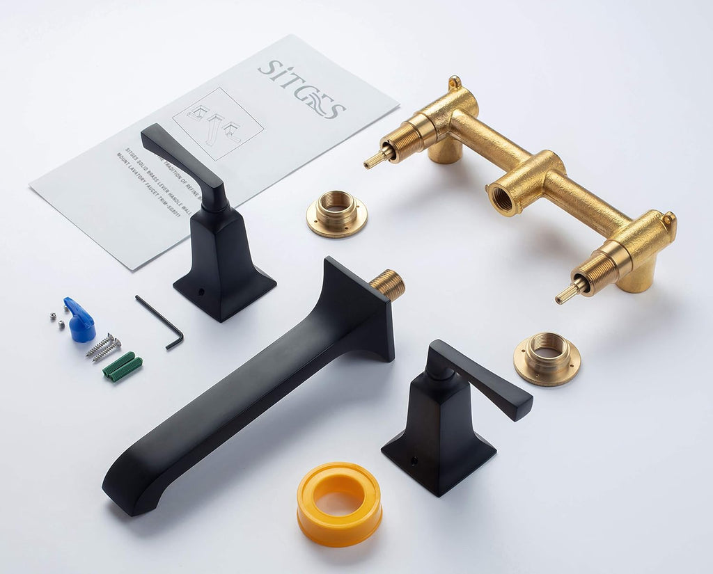 SITGES Bathroom Wall Faucet, Heavy Duty, Brass Constructed Wall Mount Faucet with Metal Lever Handles, Rough in Valve Included (Matte Black)