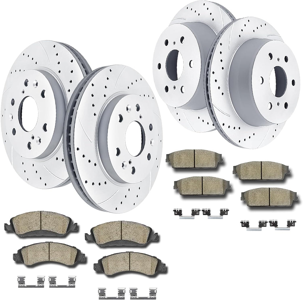 Acinoparts Front and Rear Brake Kit, Drilled and Slotted Brake Rotors Ceramic Brake Pads Suitable for Cadillac Escalade Chevy Silverado 1500 Tahoe GMC Yukon