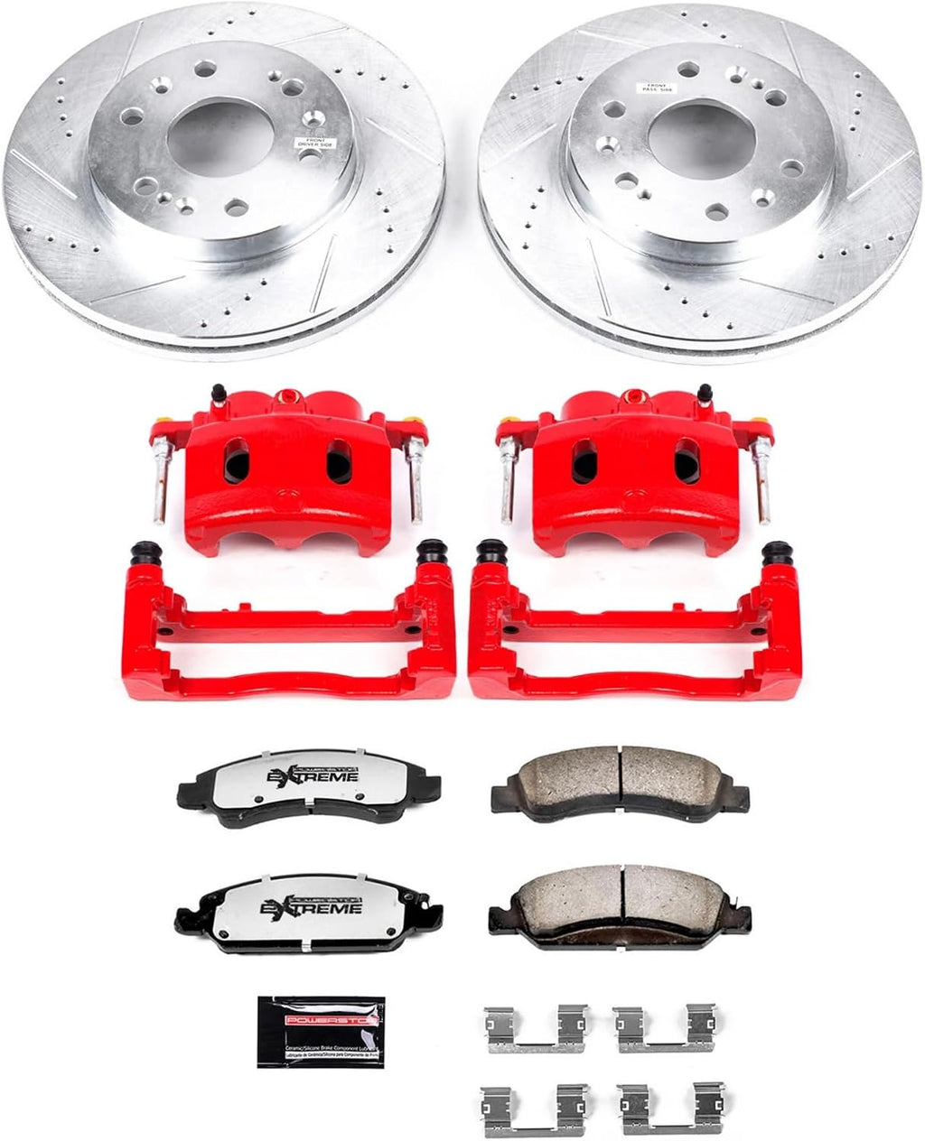 PowerStop Front Brake & Caliper Kit for Cadillac Escalade 2008-20 |Escalade ESV 2008-20 |Escalade EXT 2008-13 - Drilled & Slotted Disc Rotors + Z36 Brake Pads + Red-Powder Coated Calipers, KC2069-36