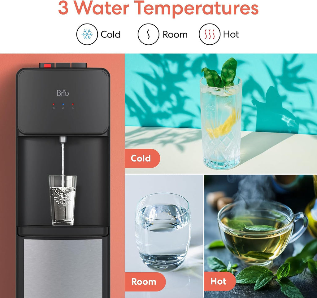 Brio 130 Series Top-Load Water Cooler Dispenser for 3- and 5-Gallon Bottles, Hot & Cold, Spill-Free Loading, Child Safety Lock, Energy Star 3.0, Black & Stainless