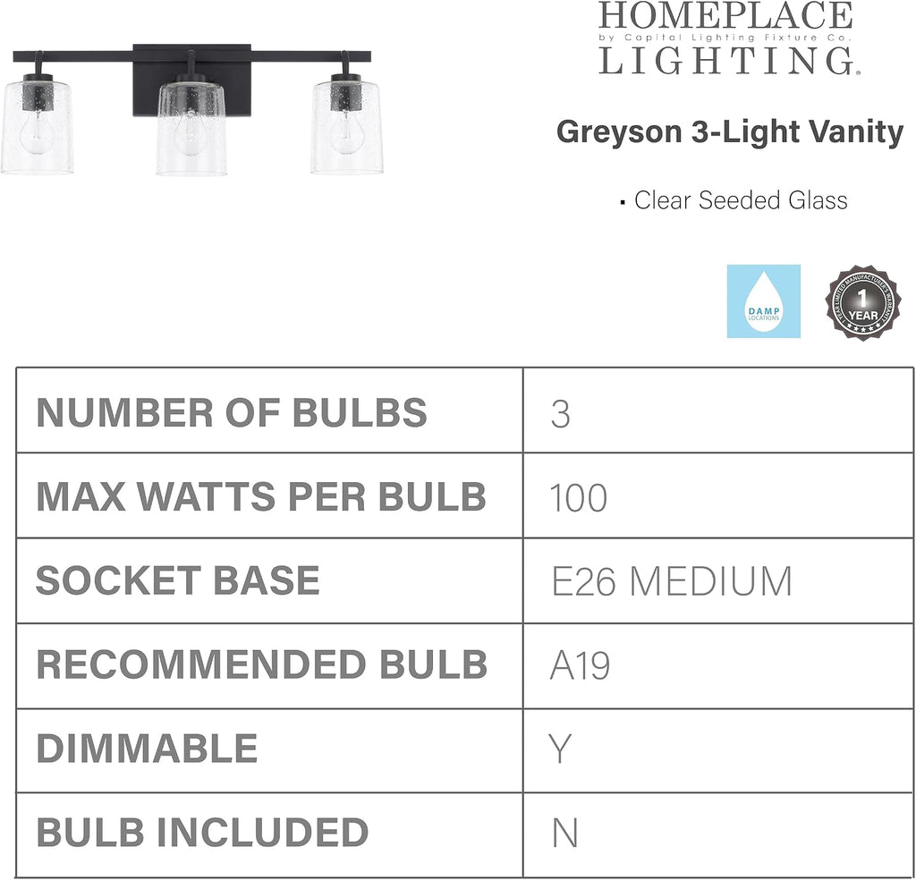 HomePlace Lighting 128531MB-449 Greyson Urban/Industrial Clear Seeded Glass Bathroom Vanity Wall Light, 3-Light 300 Total Watts, 9' H x 25' W, Matte Black