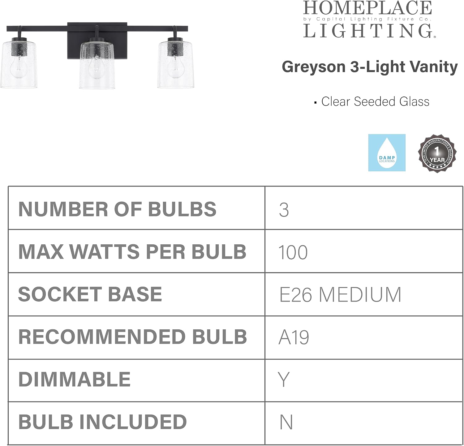 HomePlace Lighting 128531MB-449 Greyson Urban/Industrial Clear Seeded Glass Bathroom Vanity Wall Light, 3-Light 300 Total Watts, 9' H x 25' W, Matte Black