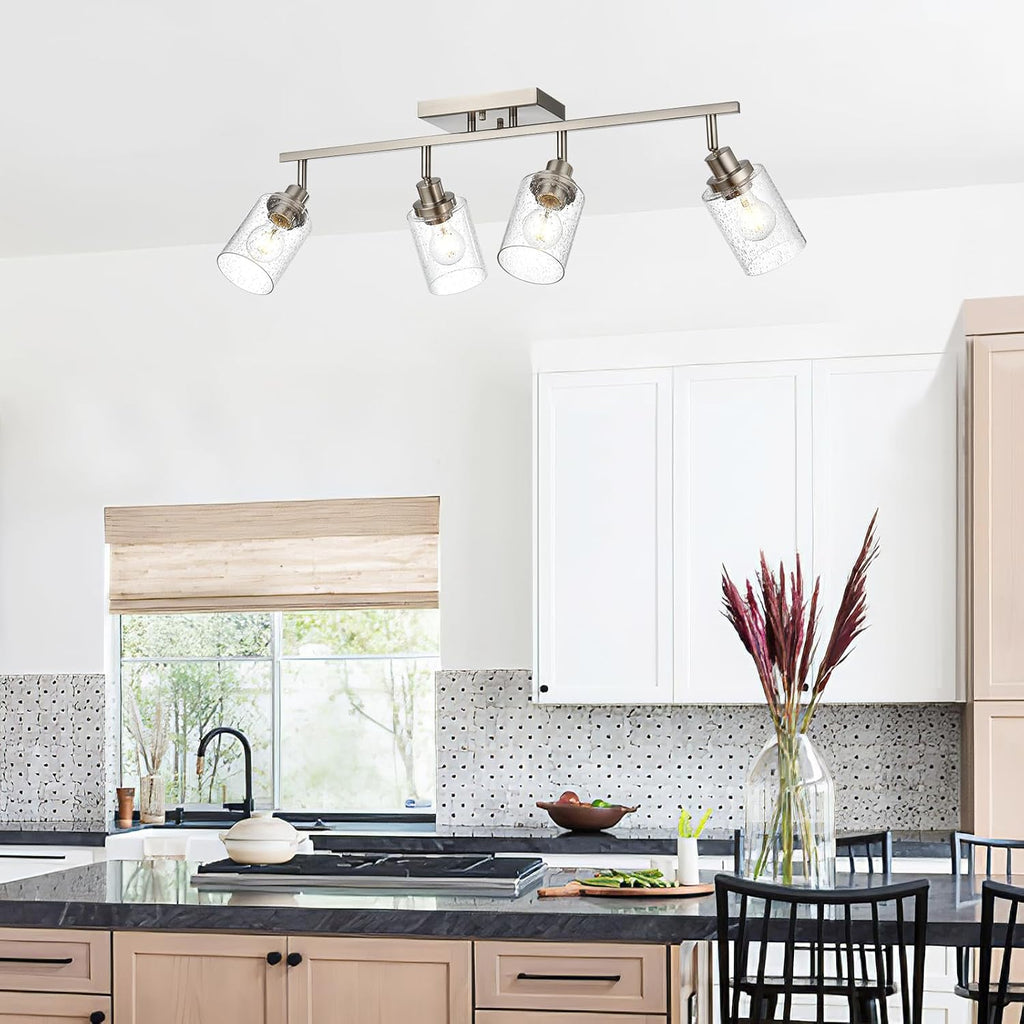 4-Light Brushed Nickel Kitchen Track Lighting Fixtures Ceiling Mount Track Lighting Kit with Bubble Seeded Glass Shade Modern Bathroom Tracking Vanity Lights Ceiling Tracking Accent Shop Light