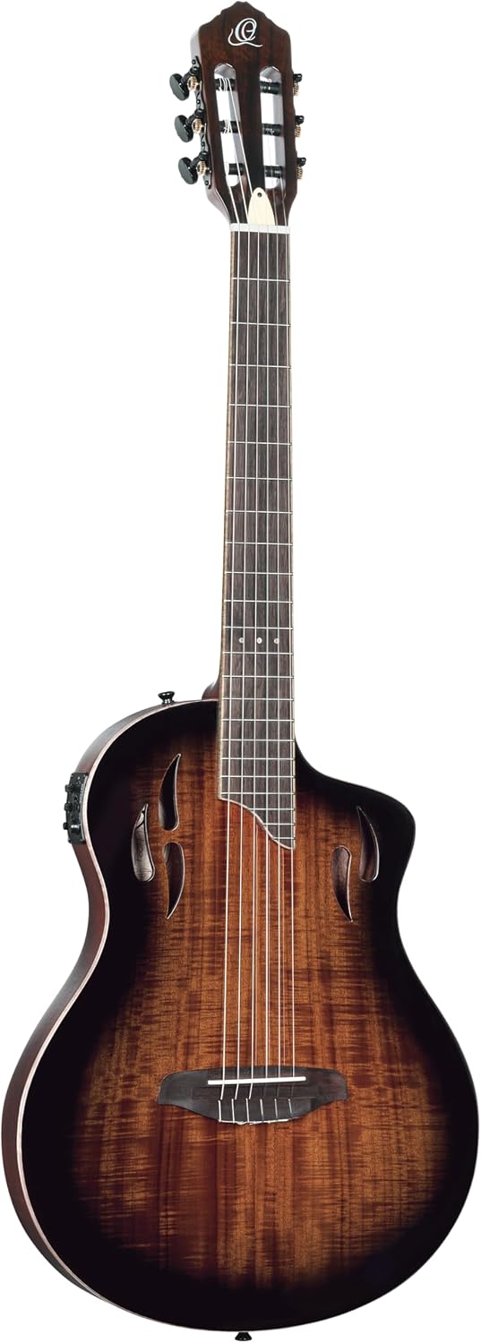Ortega TourPlayer Deluxe Thinline Crossover Nylon-String Electric Guitar w/Pro gig bag, Acacia Gloss Burst (RTPDLX-ACA)