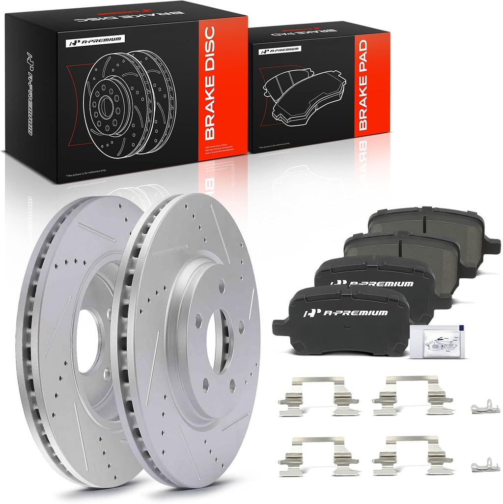 A-Premium 11.65 inch (296mm) Front Drilled and Slotted Disc Brake Rotors + Ceramic Pads Kit Compatible with Chevy, Pontiac and Saturn Models - Malibu 04-12, Cobalt 2008, G5 07-09, G6 06-10, Aura 07-09