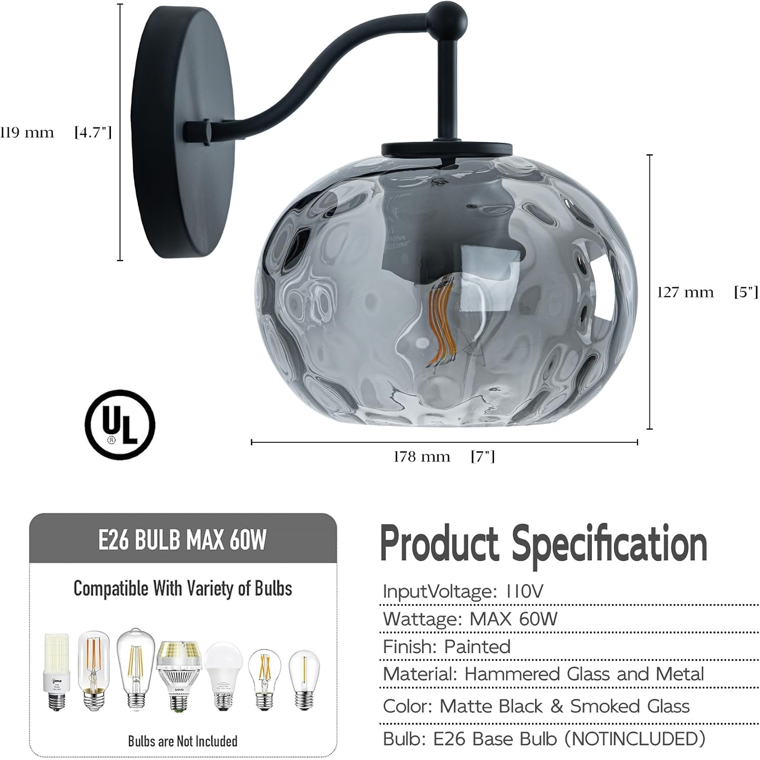 Modern Iridescent Glass Wall Sconce Matte Black Wall Light Set of 2 Hammered Smoked Glass Vanity Light for Bedroom Hallway Living Room Stairwell Bathroom Over Mirror