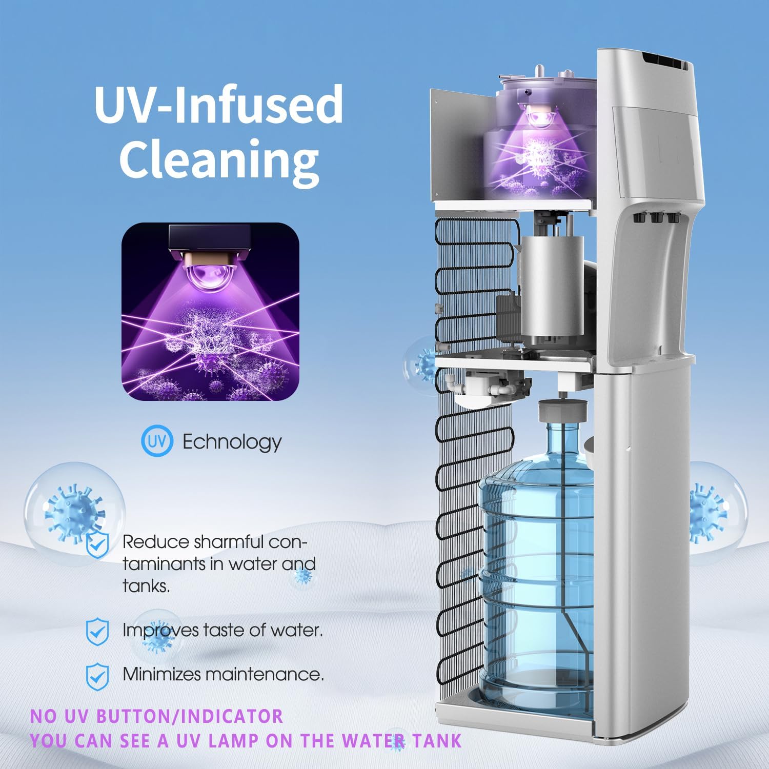 IKT Self-Cleaning Water Cooler Dispenser Bottom Load for 3-5 Gallon Bottle with Child Safety Lock LED Display Light Perfect for Home Silver