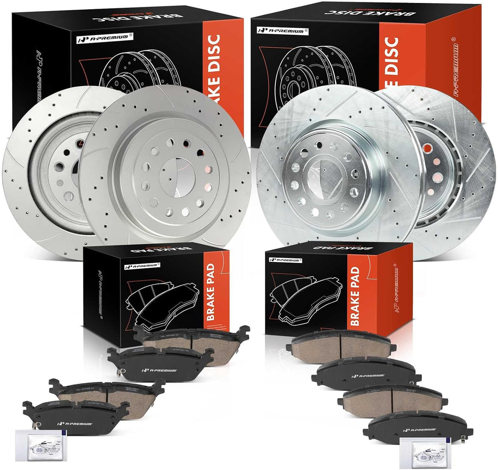 A-Premium Front and Rear Drilled and Slotted Disc Brake Rotors + Ceramic Pads Kit Compatible with Select Ram Models - 1500 2019 2020 2021 2022, 12-PC Set