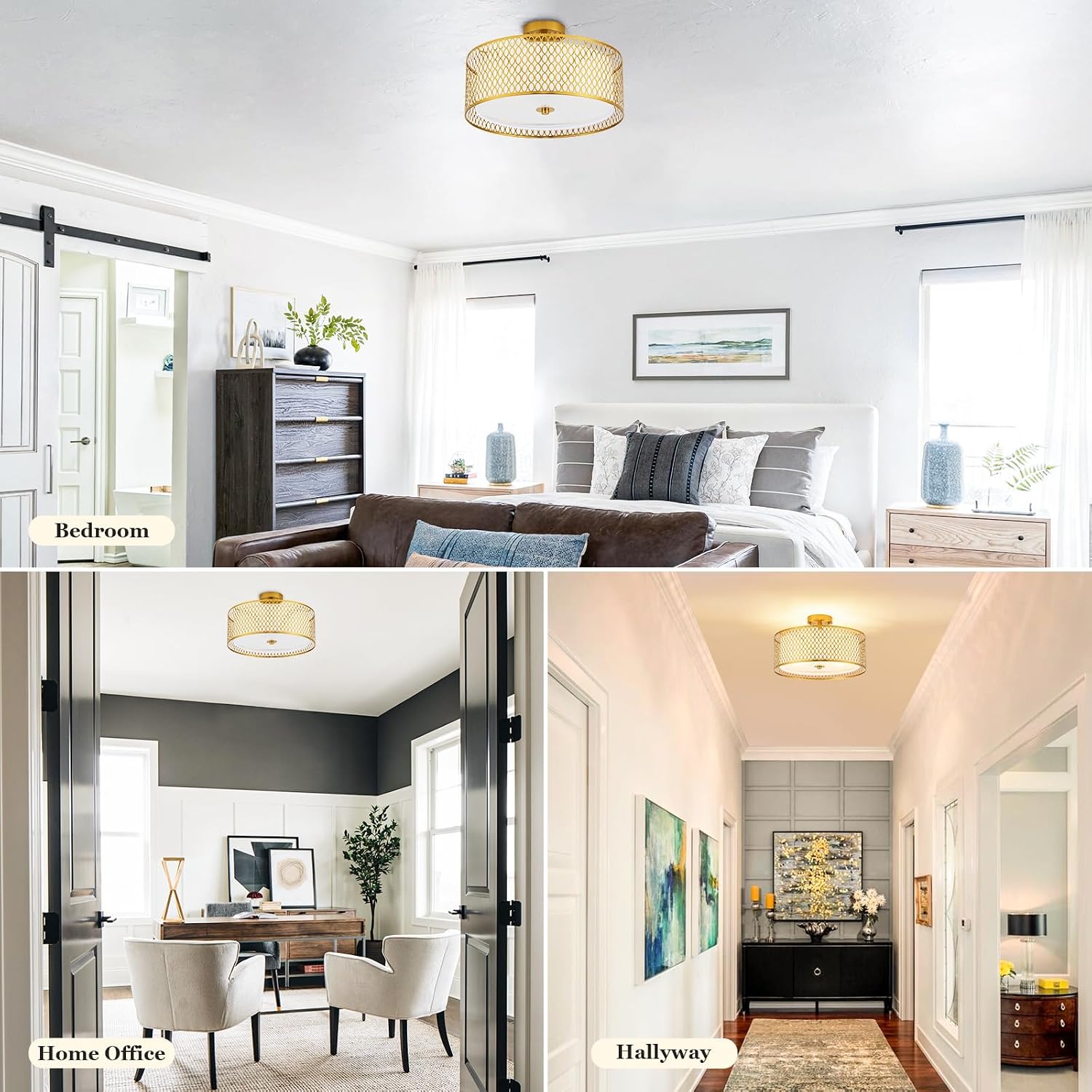 17' Semi Flush Mount Ceiling Light Fixture, 3-Light Gold Light Fixture, Close to Ceiling Light Fixture with White Fabric Lampshade and Gloden Iron Mesh Cage for Dining Room Living Room Bedroom