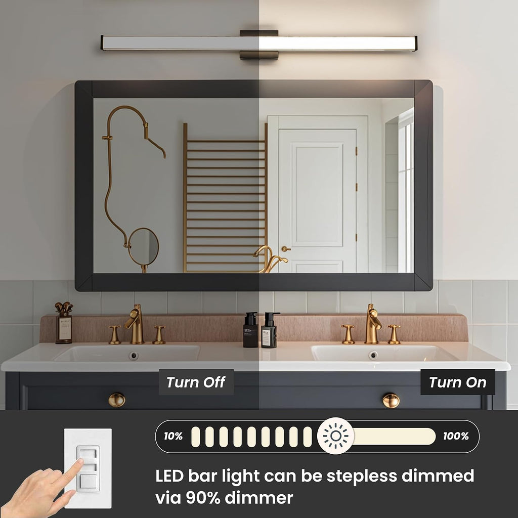 Modern LED Bathroom Vanity Light 48 inch 32W Dimmable 3CCT Bathroom Light Fixture Over Mirror Rectangle Bath Vanity Light Bar with Double Layer Acrylic Shade (Matte Black)