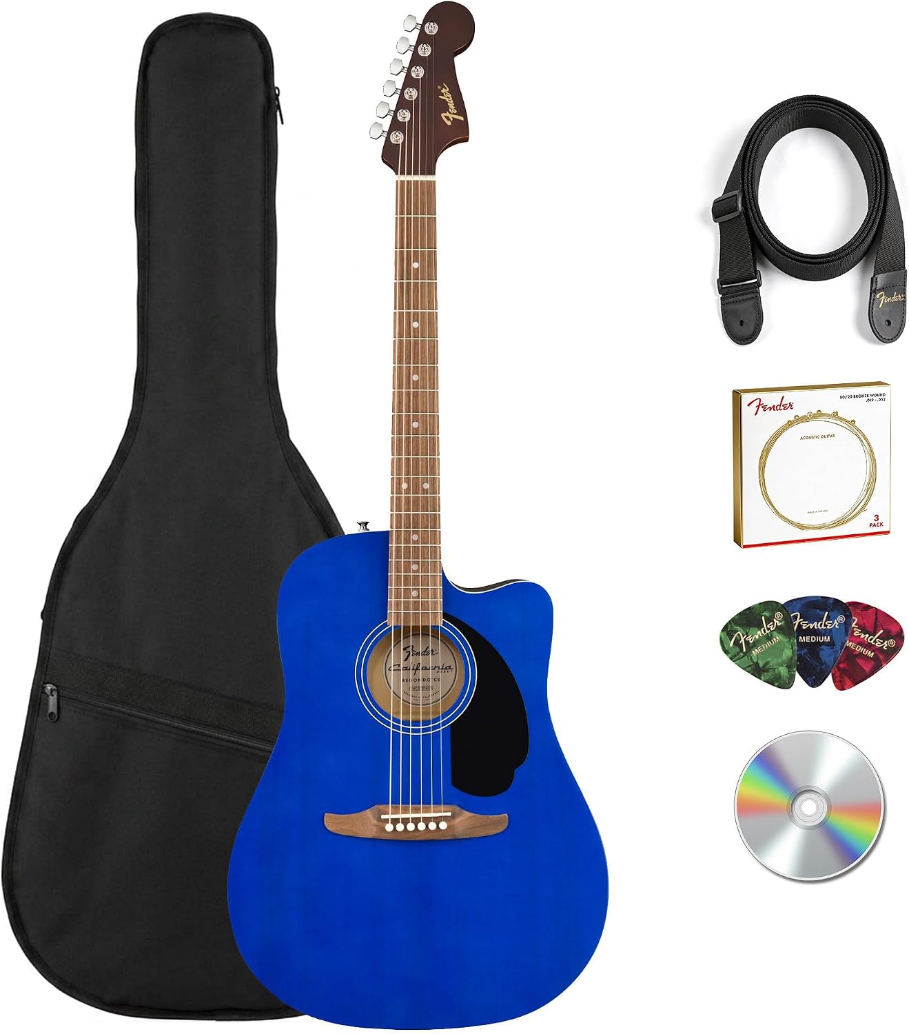 Fender California Redondo CE Acoustic-Electric Guitar - Saphire Blue Bundle with Gig Bag, Strap, Strings, Picks, and Austin Bazaar Instructional Video
