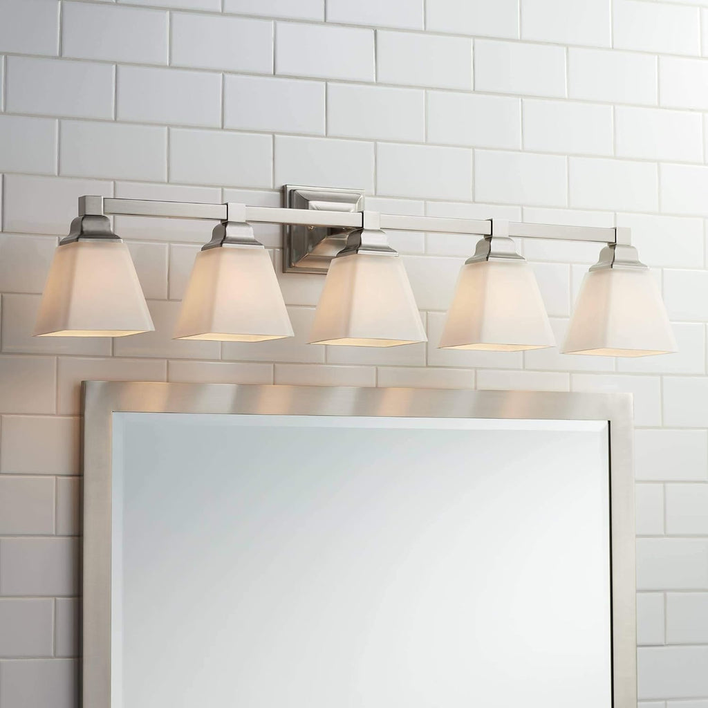Regency Hill Mencino-Opal Wall Mount Light Satin Nickel Silver Metal Hardwired 35 1/4' Wide 5-Light Fixture Etched White Glass Shade for Bathroom Vanity Mirror House Home Room Decor