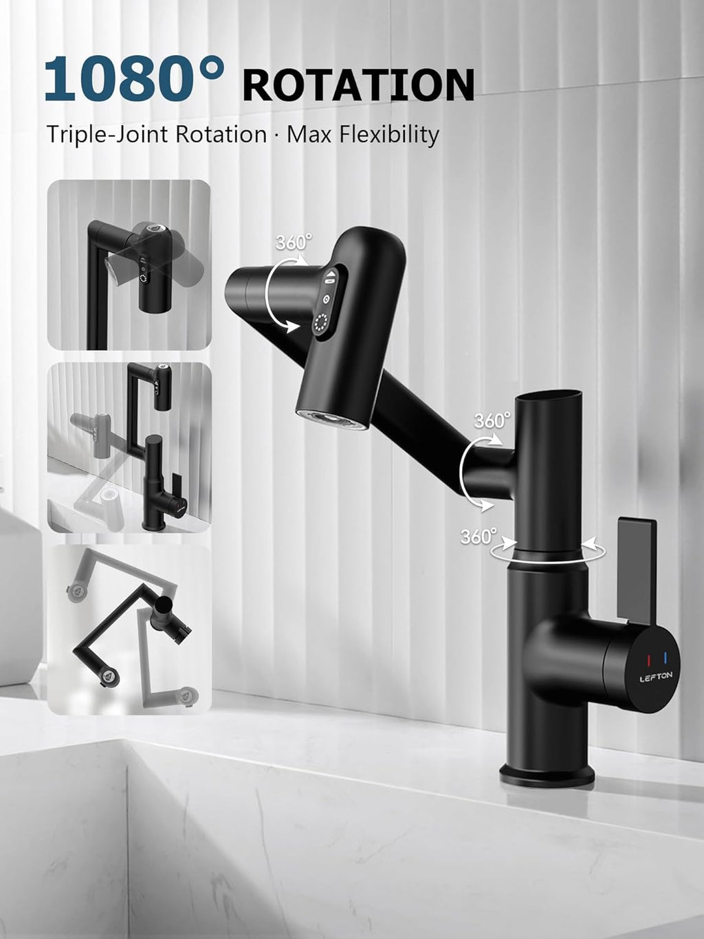 Lefton Rotatable Bathroom Faucet with Temperature Display in Fahrenheit (Batteries-Free), 3 Water Outlet Modes, Matte Black, BF2204-3