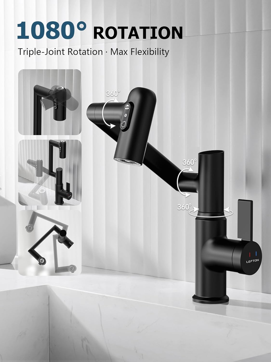 Lefton Rotatable Bathroom Faucet with Temperature Display in Fahrenheit (Batteries-Free), 3 Water Outlet Modes, Matte Black, BF2204-3