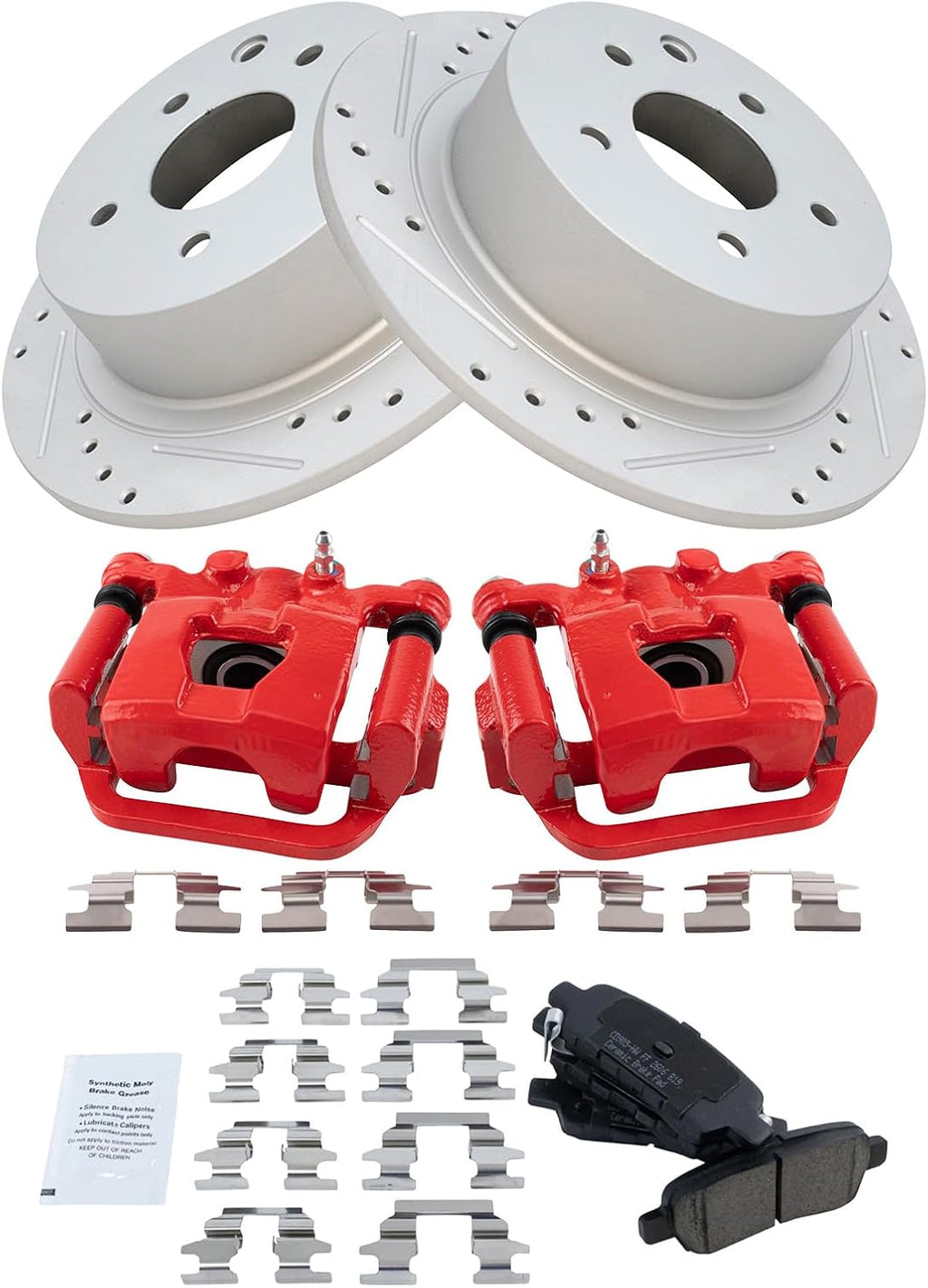 TRQ Performance Rear Brake Pad and Rotor Set Ceramic Coated Drilled Slotted Vented Rotors Calipers Red Compatible with 2002-2006 Nissan Altima 2004-2006 Maxima 2013-2022 Altima