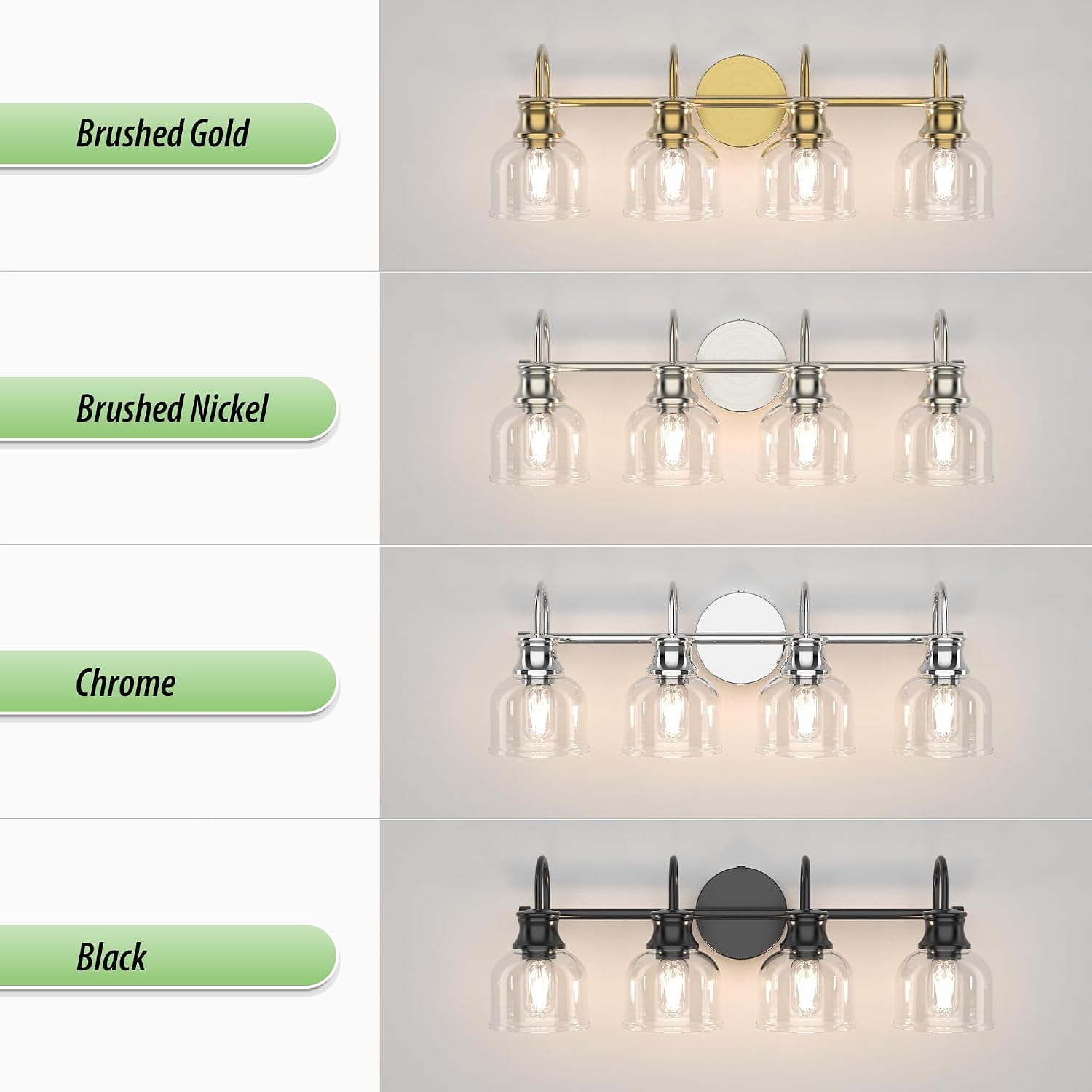 4 Lights Bathroom Vanity Light Fixtures, Matte Black Traditional Classic Vanity Light with Clear Glass, Bathroom Lighting Fixtures Over Mirror